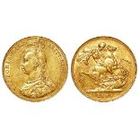 Sovereign 1887M, Melbourne Mint, Australia, normal JEB, S.3867A, GVF