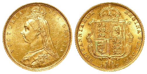 Half Sovereign 1887 Jubilee, small close JEB (hooked J), S.3869A, EF