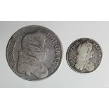 Charles II silver (2): Crown 1677 V. Nono, Fine, graffiti script initials obv., along with