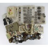 GB & World Coins & Banknotes, quantity in a shoebox, silver noted, plus some postcards.