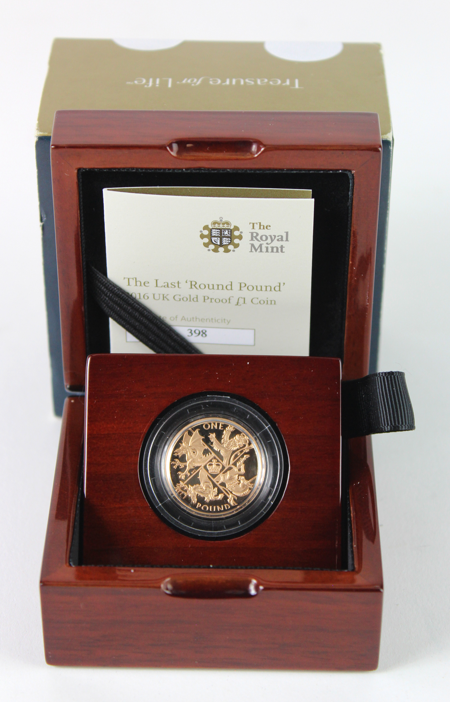 One Pound 2016 "Last Round Pound" gold proof. aFDC boxed as issued