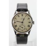 Gents stainless steel cased Omega wristwatch circa 1944. The cream dial with black roman numerals,