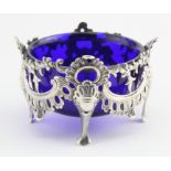 Highly ornate Victorian silver salt with blue glass liner, Maker Y&W for Yapp & Woodward. Birmingham