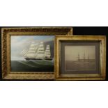 (2) Wilton S.F. 19th Century Oil on board of a three masted sailing ship at full sail. Signed Wilton