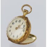 Ladies yellow metal (tests as 18ct) fob watch with red enamelling on the back, approx 28mm dia,