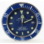 Advertising Wall Clock. Blue 'Rolex' advertising wall clock, blue dial reads 'Rolex Oyster Perpetual