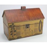 Folk Art Tea caddy (19th century). In the style of a house. Hand painted details around each side