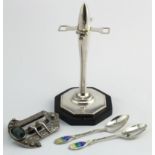 Silver & White Metal. Four silver & white metal items, comprising a silver ring stand on an