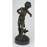 Bronze figure of a boy with chickens. Signed FLY Massea. On a marble base. Height measures approx