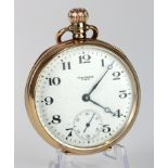 Gents 9ct cased open face pocket watch by Waltham. The signed white dial with black arabic