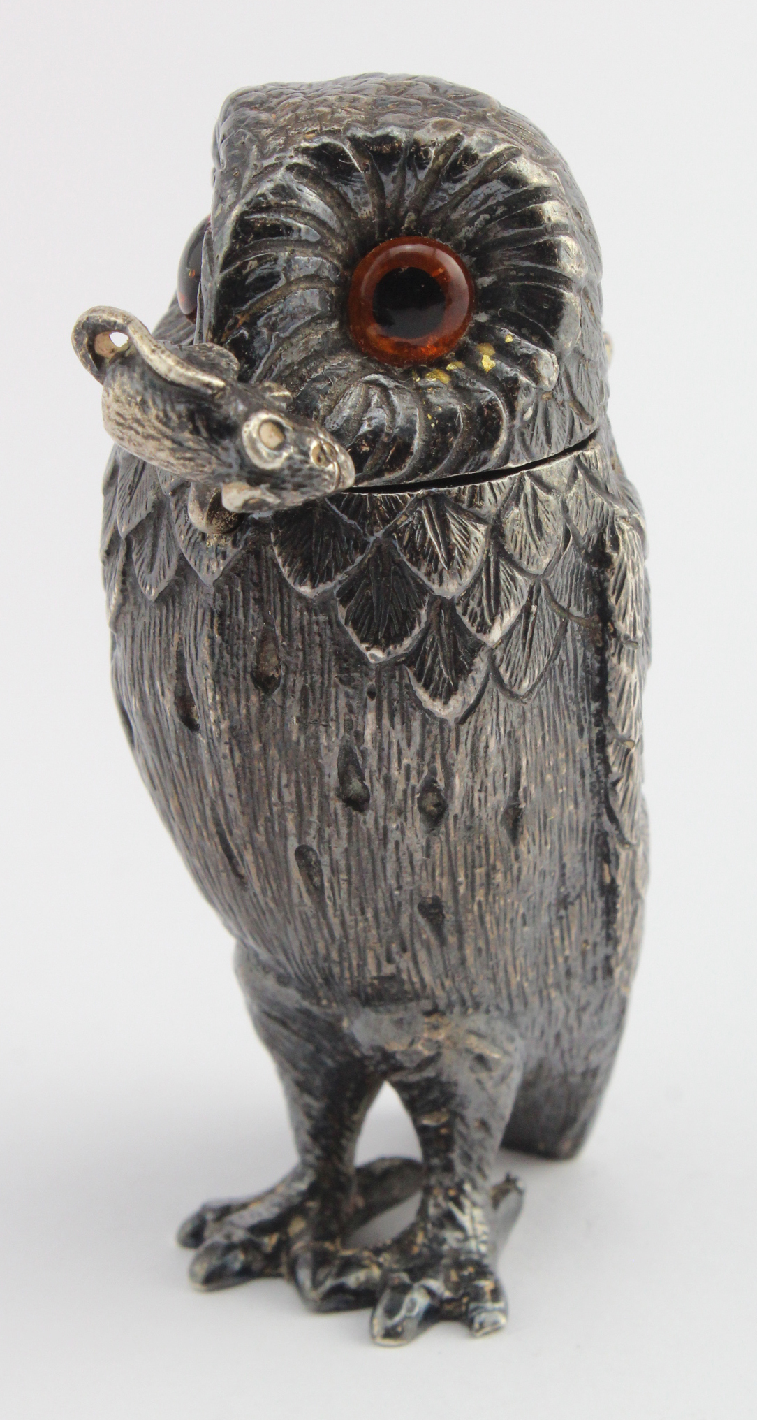 Silver & gilt lined Owl mustard cruet with glass eyes, with original matching 'mouse' spoon,