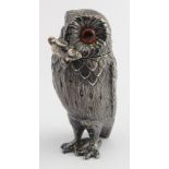 Silver & gilt lined Owl mustard cruet with glass eyes, with original matching 'mouse' spoon,