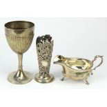 Silver. Three silver items, comprising silver cup (GW, Sheffield 1908), height 18cm approx.;