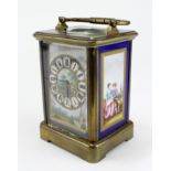 Brass repeating carriage clock, with three decorative enamel panels, Roman numerals to dial,