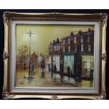 Hilton, Barry (British b.1941) Oil on canvas depicting a Victorian street scene on a rainy