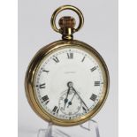 Gents gold plated open face pocket watch by Unicorn in a Dennison star case. The white dial with
