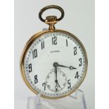 Mid-size 14ct cased open face pocket watch by CYMA. The white dial with black arabic numerals &