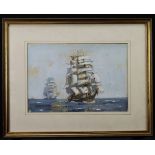 Anonymous. Oil on canvas board depicting a ship at sail. Bristol Savages label (verso) Evening
