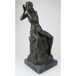 Bronze figure of a female nude seated on a rock and calling out. On a marble base. Signed. Height