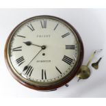 Mahogany wall clock, enamel dial with Roman numerals, reads 'Priest, Norwich', pendulum and key