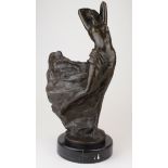 Bronze figure of a semi-nude woman. On a marble base. Height measures approx 40.5cm from base.