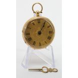 Mid-size 18ct cased open face pocket watch. Hallmarked London 1876. The gilt dial with black roman