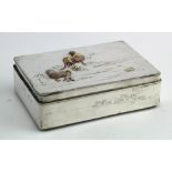 Japanese silver & gold box with a damaged lid showing on the lid a scene of a cockerel, hen and 3