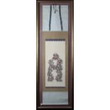 Japanese Samurai hand painted ink on silk hanging scroll. Housed in large glazed frame. (Buyer