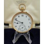 Gents 9ct open face pocket watch. Hallmarked Birmingham 1925. The white dial with black arabic