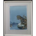 Blake, David. Gouache study of an otter by a lakeside. Bristol Savages label (verso) Evening time-