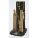 John Maltby (1936-2020). A stoneware sculpture, titled 'Two figures and a Tower', artists seal to