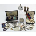 Silver & White Metal. A collection of various items, including six silver teaspoons, white metal