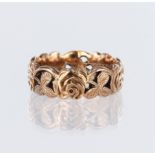 9ct rose gold 7mm wide band ring decorated with floral and foliate design, finger size O, weight 7.