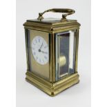 Gilt brass repeating carriage clock, enamel dial with blue Roman numerals 'Dent, 28 Cockspur Street,