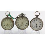 Three silver cased open face pocket watches. All working when catalogued