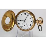 Gold plated half hunter pocket watch, white enamel dial with Roman numerals, engraved to inner