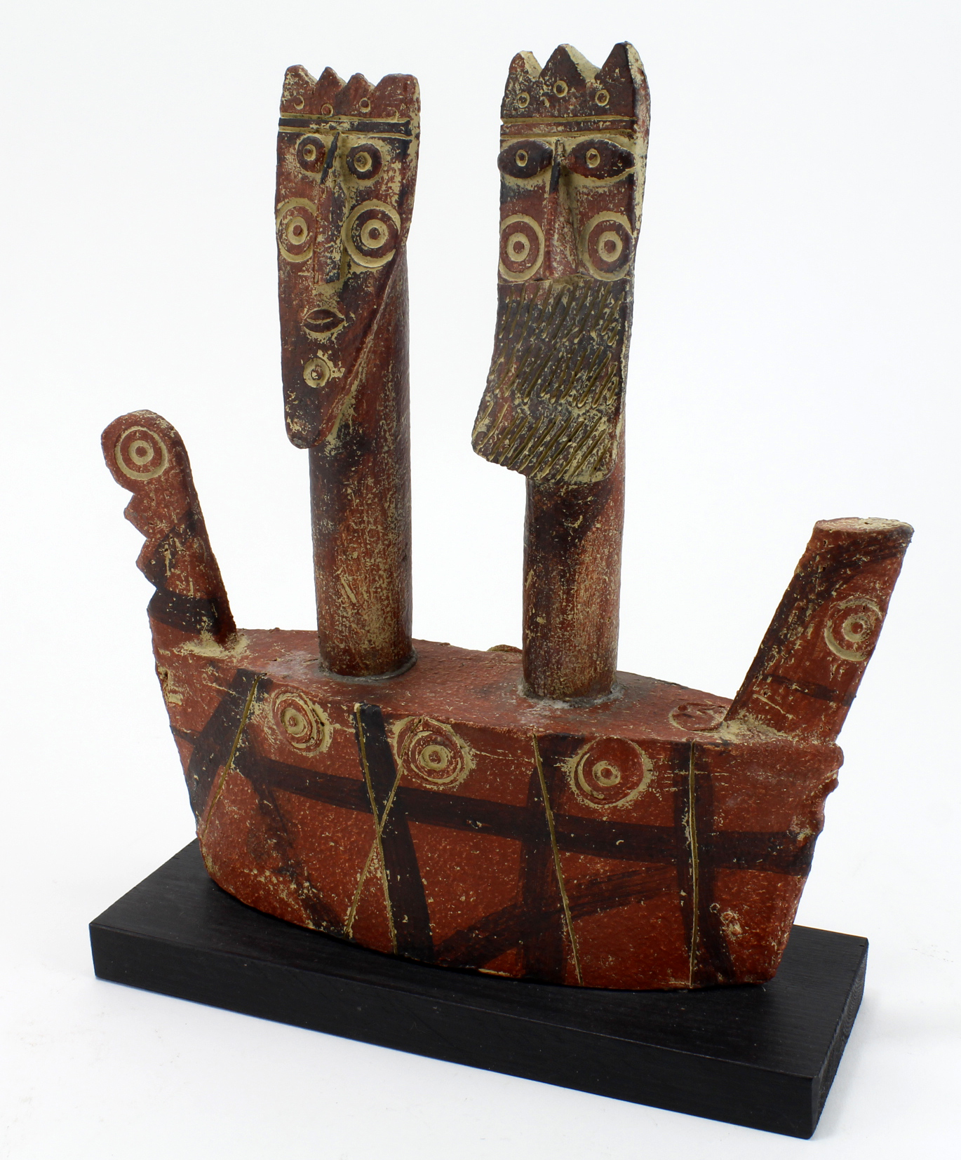 John Maltby (1936-2020). A stoneware sculpture, titled 'Royal Barge', with artists seal, on a wooden