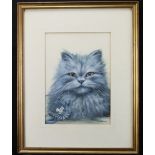 Blake, David. Gouache study of a Blue Persian cat with '1st' rosette. Signed lower right. Image