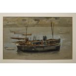 Blake, Fredrich Donald (1908-1997) Ink and watercolour depicting boats in a harbour. Signed '