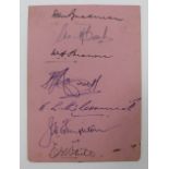 Cricket interest. An original autograph album page signed by seven cricketers, including Don