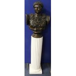 Large spelter bust, depicting Augustas, on tall white pillar plinth, circa 20th century, total