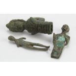 Antiquity. Two ancient bronze figures, length 75mm approx., together with a Roman bronze table