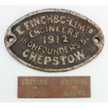 Cast iron makers plate / plaque 'E. Finch & Co Limtd, Engineers, Ironfounders, Chepstow, 1912', 30cm