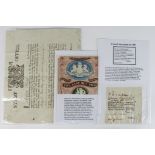 Ephemera. A group of three interesting documents, comprising An original receipt for Hearth Tax,
