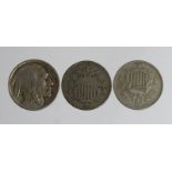 USA Nickel 5-Cents (3): 1866 Good, 1868 GF, and 1913D recess (variety 2) scarce, GF