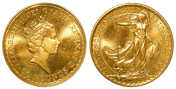 Britannia 1/2oz fine gold £50 1987, AU.