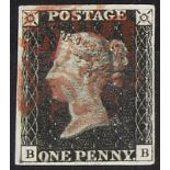 GB - 1840 Penny Black Plate 8 (B-B) four margins, no faults, fine used, cat £525