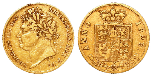 Half Sovereign 1825 F/GF, tiny edge nick.