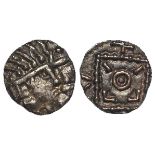 Anglo-Saxon silver sceat of the 'Vernus' group, head r. / standard. S.783. 1.15g. Bold toned VF,