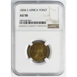 South Africa gold Pond 1894 slabbed NGC AU50.